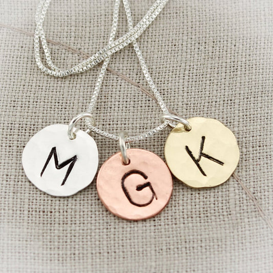 Initial Necklace Sterling Silver, Copper and Brass Personalized Hand Stamped Jewelry