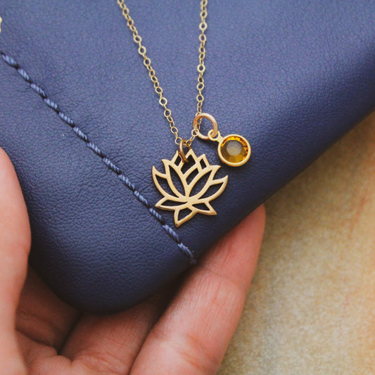 Bronze & 14k Gold Filled LOTUS and Birthstone Necklace, Lotus Flower Necklace, Gold Lotus Necklace, Yoga Boho Jewelry, Lotus Flower Jewelry