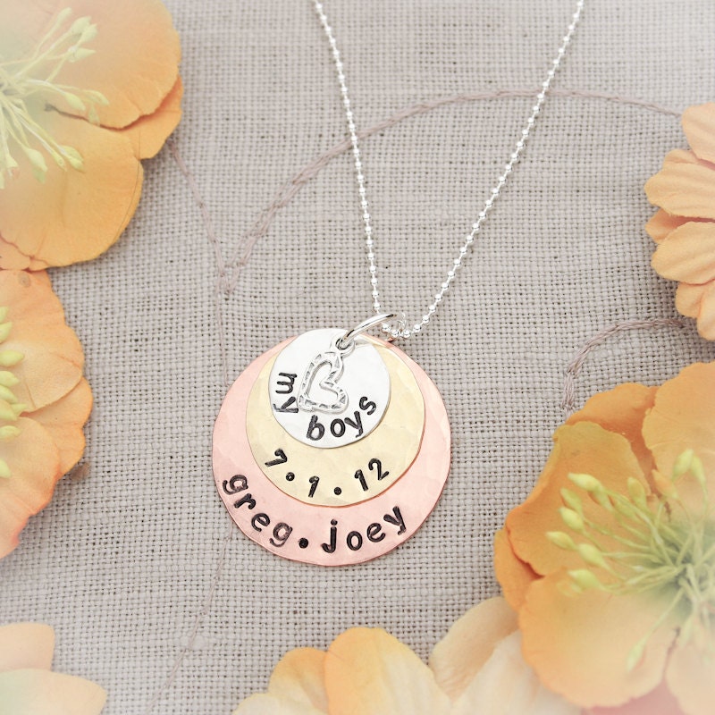 Mixed Metal Personalized Necklace, 3 Discs, Sterling Silver, Brass, & Copper, Mother's Necklace