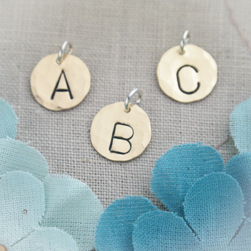 1/2 Inch Brass Disc Hammered Initial Hand Stamped Charm