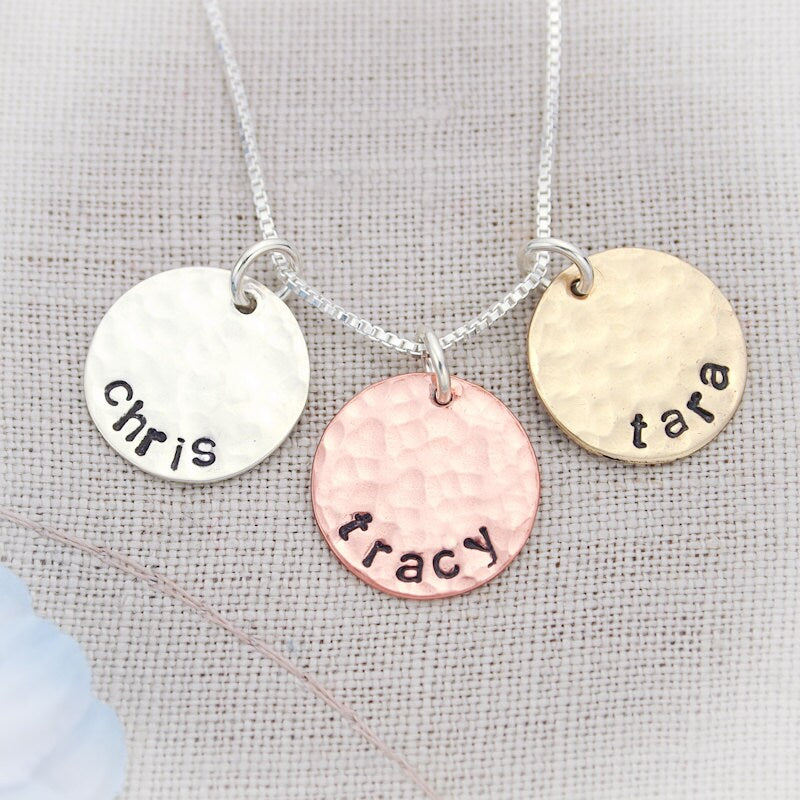 Mother's Necklace, Personalized Necklace, Three Discs Necklace, Mixed Metals Necklace, Hand Stamped Jewelry