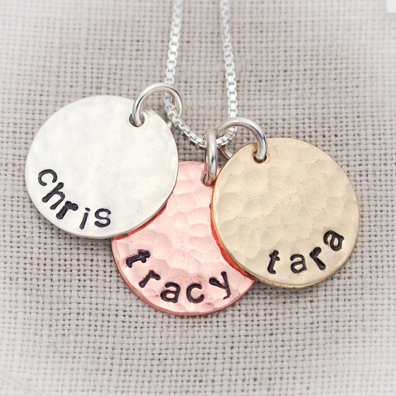 Mother's Necklace, Personalized Necklace, Three Discs Necklace, Mixed Metals Necklace, Hand Stamped Jewelry