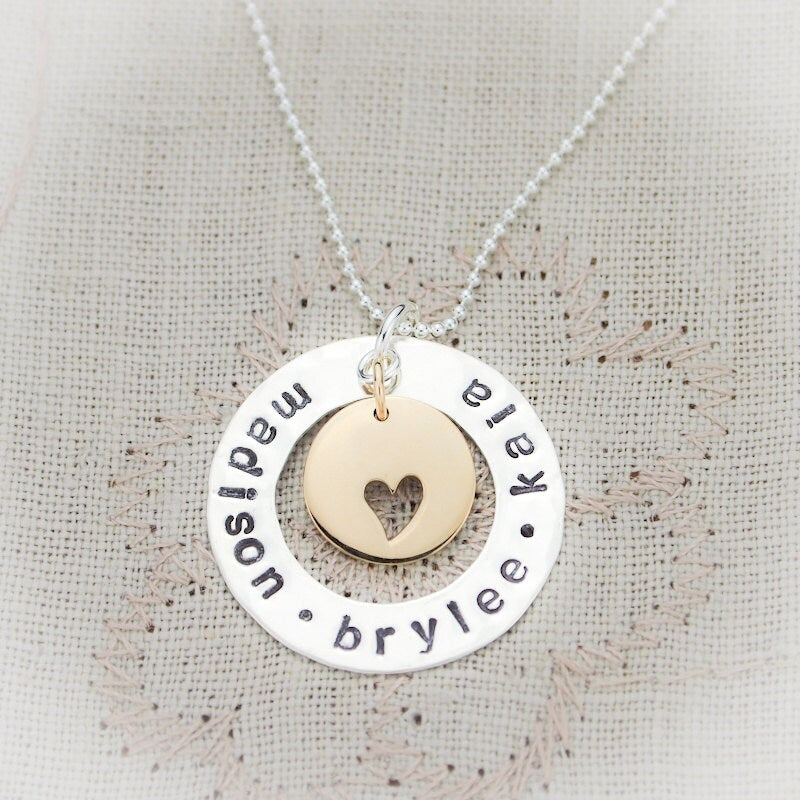 Sterling Silver and Bronze Washer Personalized Family Mother Grandmother Necklace Hand Stamped Jewelry