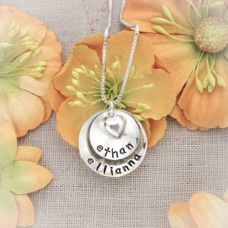 Two (2) Layers Domed Cupped Personalized Sterling Silver Necklace with Heart Hand Stamped Jewelry