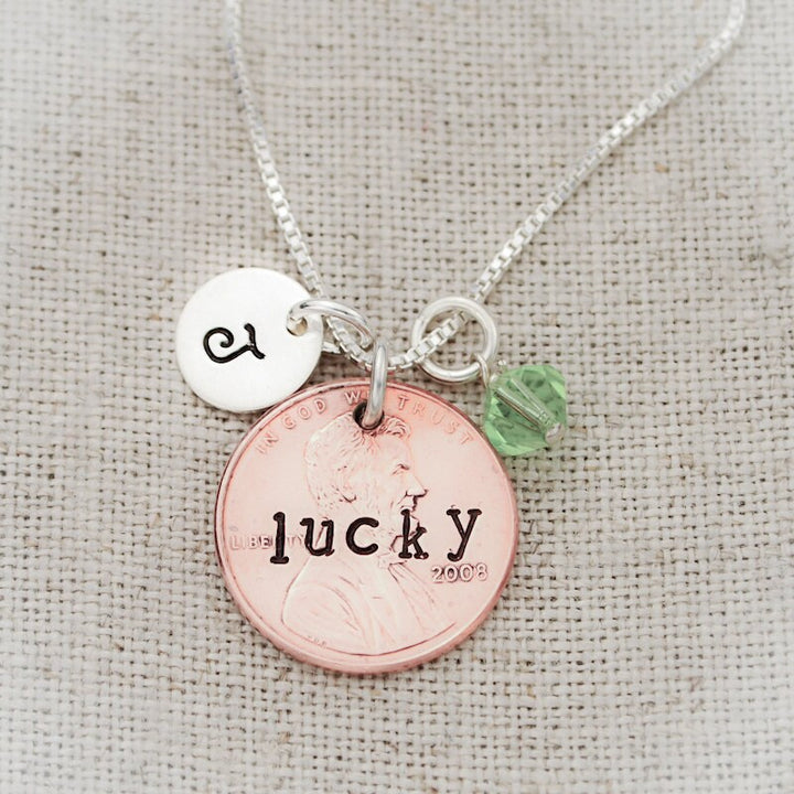 Lucky Penny Necklace, Choose Your Penny Year, Personalized, Sterling Silver Necklace with Initial and Birthstone, Hand Stamped Jewelry