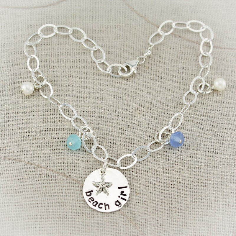 Beach Girl Anklet Hand Stamped Personalized Sterling Silver Starfish With Sea Glass & Pearl Charms-