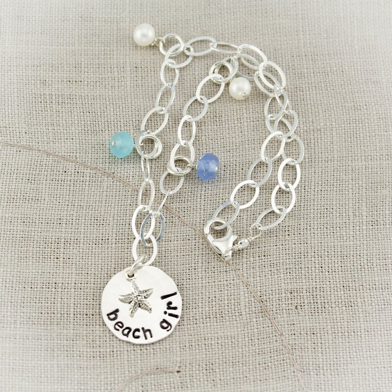 Beach Girl Anklet Hand Stamped Personalized Sterling Silver Starfish With Sea Glass & Pearl Charms-