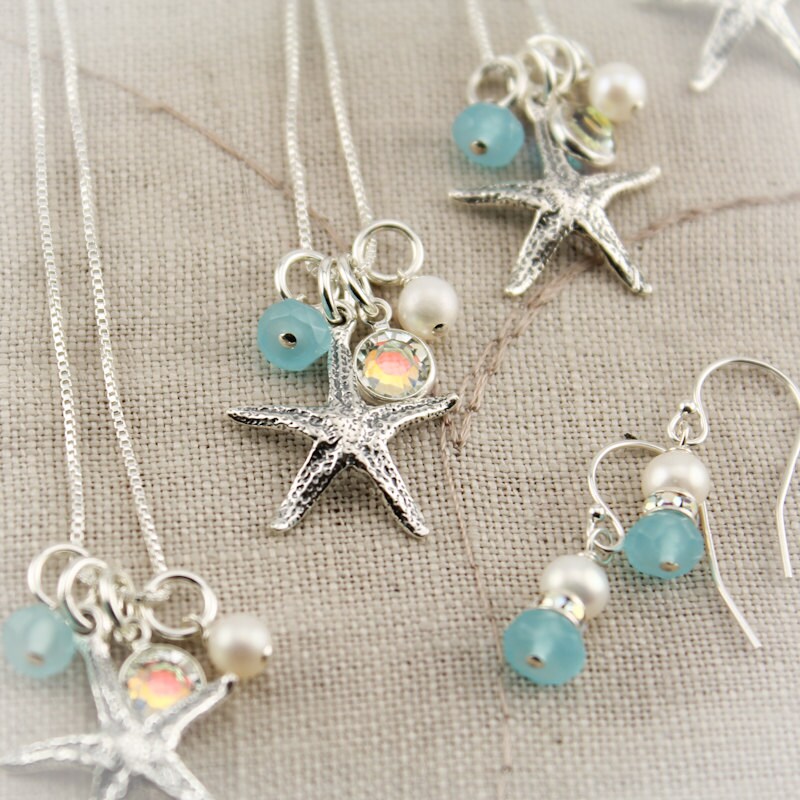 Starfish Charm Necklaces & Earrings Bridesmaids Set Gifts with Pearl, Aqua, and Crystal Set of Four (4)