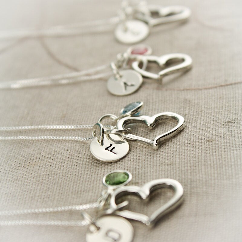Open Heart Charm Necklace, Initial & Birthstone Heart Necklace, Hand Stamped Valentine's Day Necklace, Bridesmaid Wedding Necklaces Gift