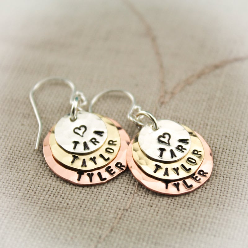 Personalized Hand Stamped Mother or Grandmother Earrings Layered Gifts for Her