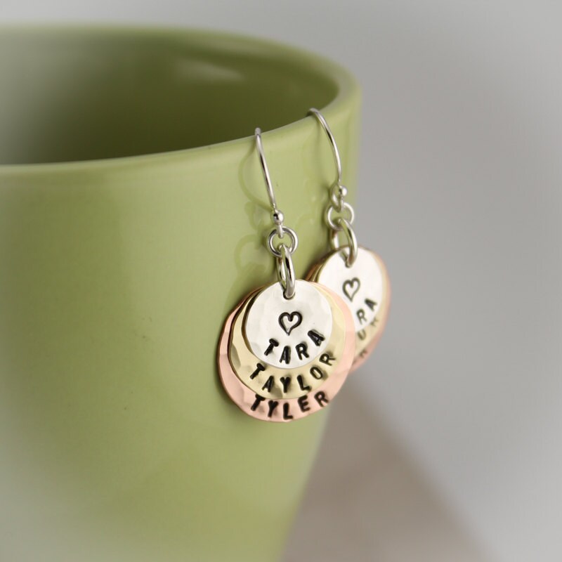 Personalized Hand Stamped Mother or Grandmother Earrings Layered Gifts for Her