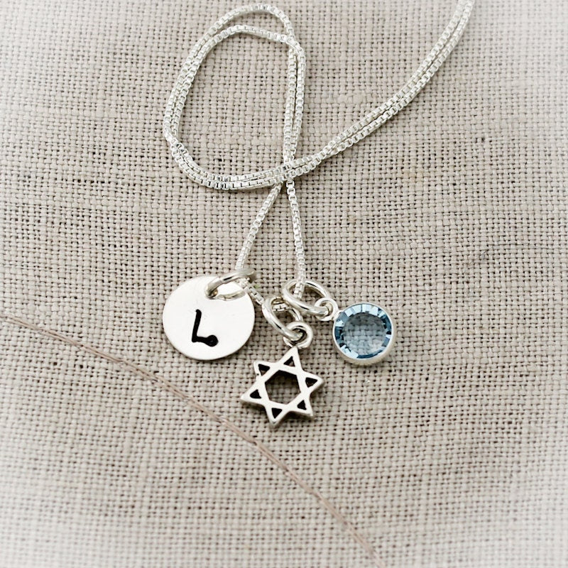 Star of David Charm Necklace for Bat Mitzvah Personalized Sterling Silver Hand Stamped Jewelry