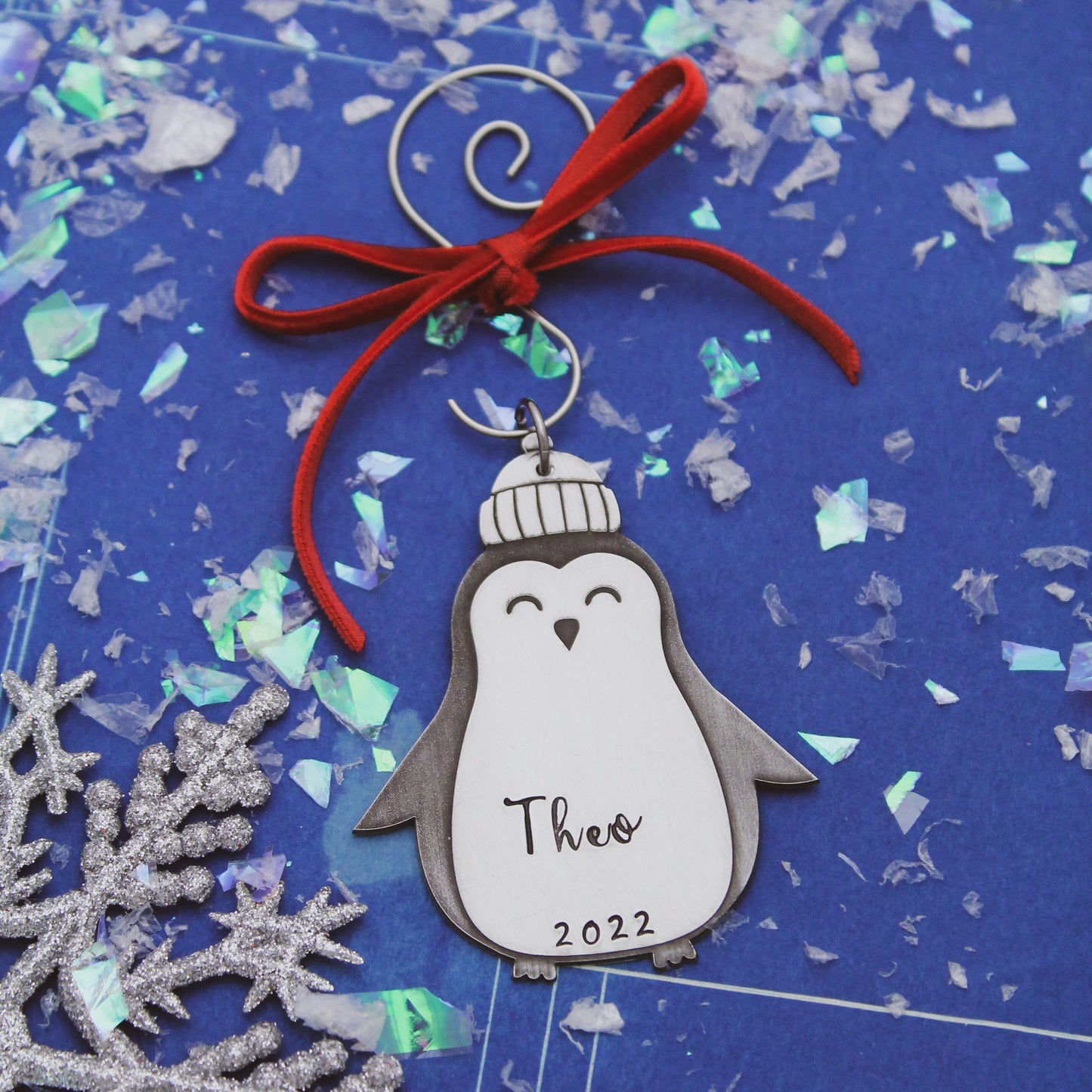 Penguin Christmas Ornament, Personalized Name Christmas Ornament, Custom Penguin Ornament, Cute Penguin Ornament, Hand Stamped in Aluminum