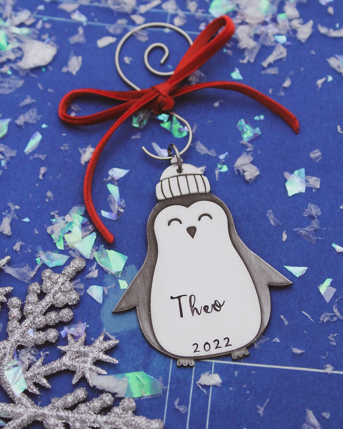 Penguin Christmas Ornament, Personalized Name Christmas Ornament, Custom Penguin Ornament, Cute Penguin Ornament, Hand Stamped in Aluminum