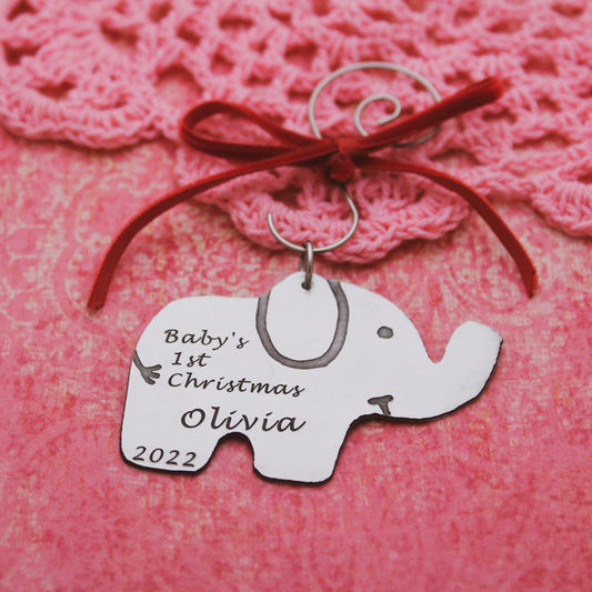 Personalized Baby's First Christmas Ornament, Elephant Christmas Ornament, New Baby Gift, Baby Gift, Personalized Hand Stamped Aluminum