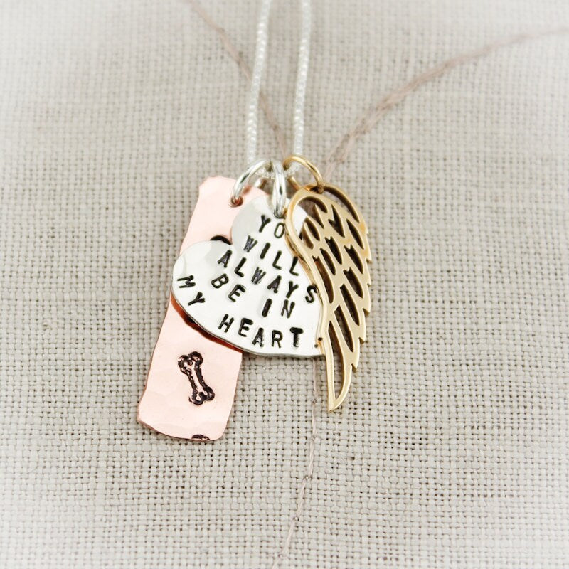 Pet Memorial Personalized Hand Stamped Copper Bronze Sterling Silver Charm Necklace Always in my Heart Angel Wing Heart