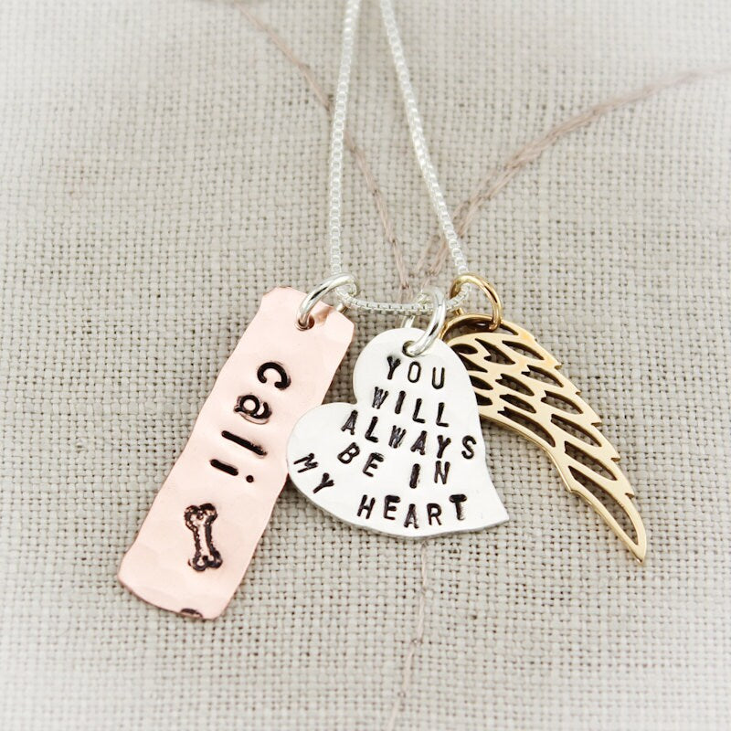 Pet Memorial Personalized Hand Stamped Copper Bronze Sterling Silver Charm Necklace Always in my Heart Angel Wing Heart