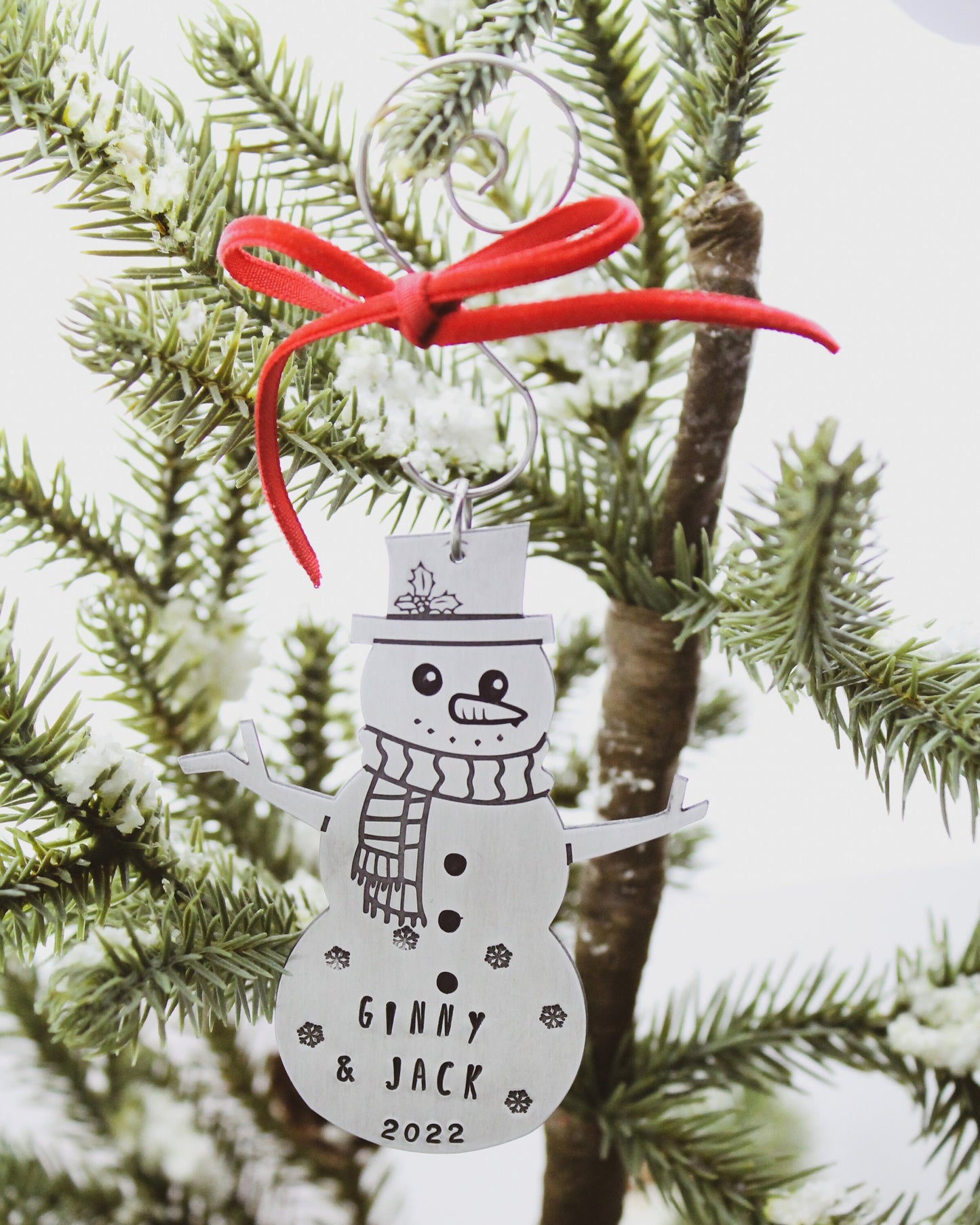 Snowman Christmas Ornament Personalized Hand Stamped in Aluminum, Cute Snowman Ornament, Custom Snowman Ornament, Family or Kids Ornament