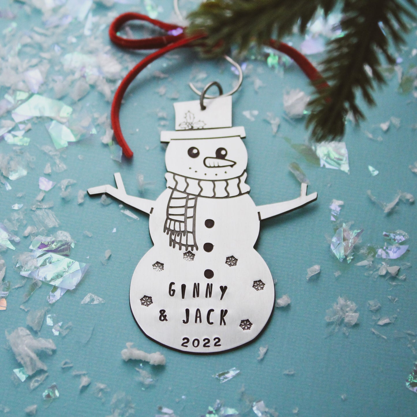 Snowman Christmas Ornament Personalized Hand Stamped in Aluminum, Cute Snowman Ornament, Custom Snowman Ornament, Family or Kids Ornament