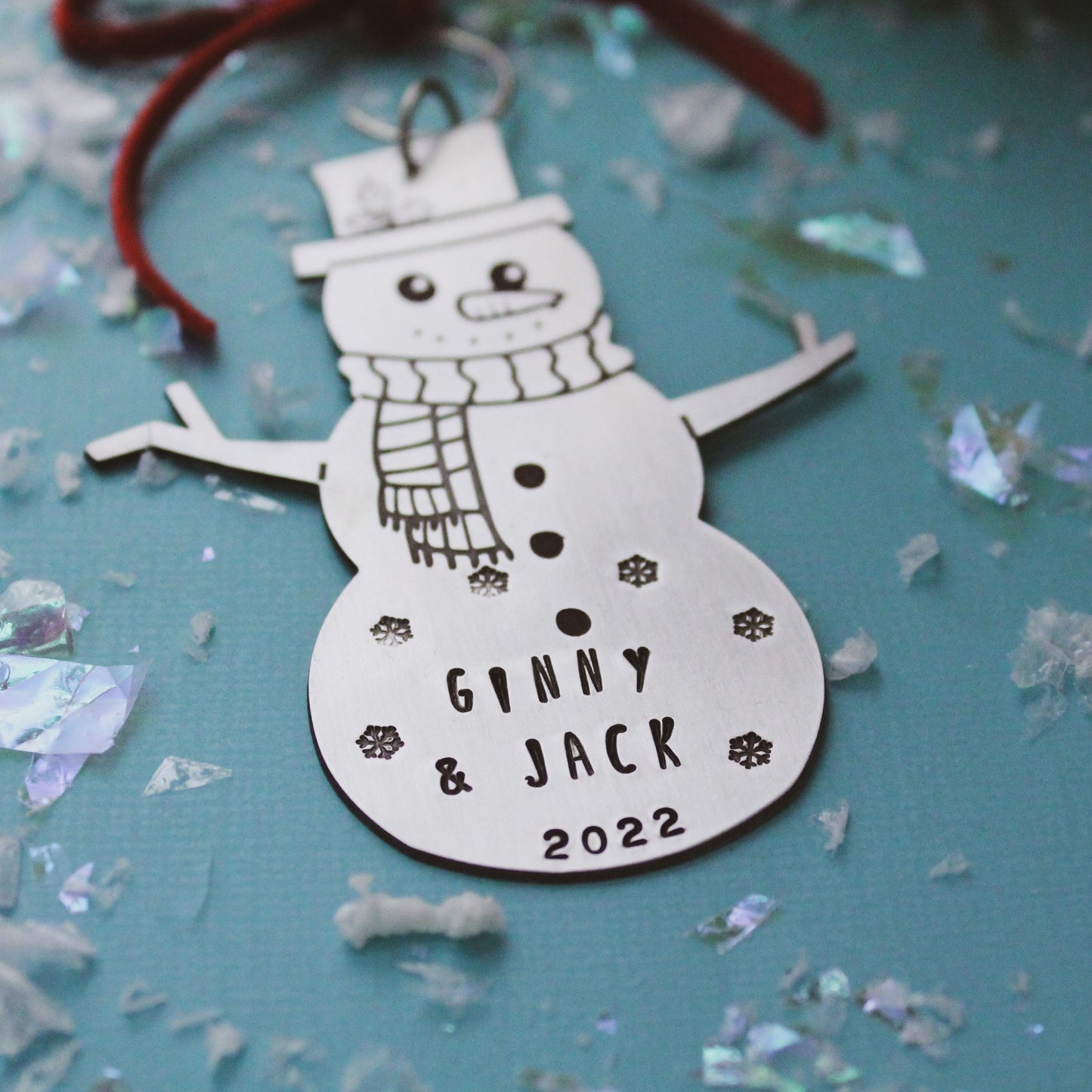Snowman Christmas Ornament Personalized Hand Stamped in Aluminum, Cute Snowman Ornament, Custom Snowman Ornament, Family or Kids Ornament