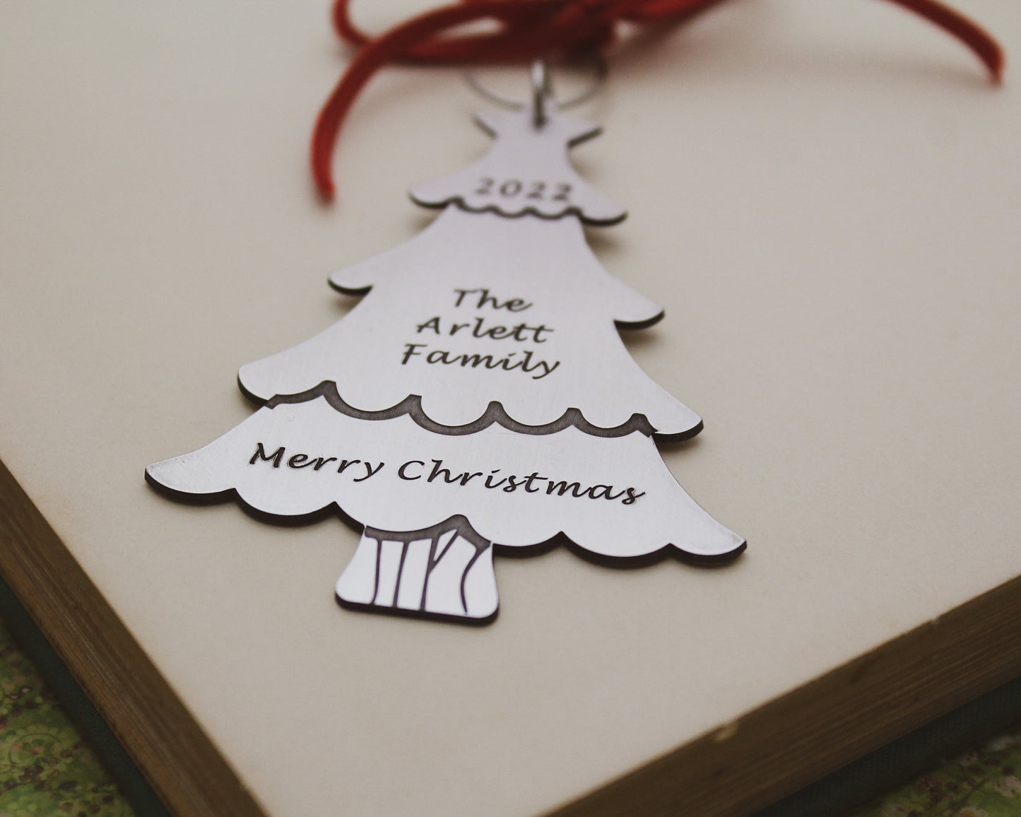 Christmas Tree Personalized Ornament, Custom Family Name Ornament, Hostess Gift, Christmas Party Gift, Hand Stamped Christmas Ornament