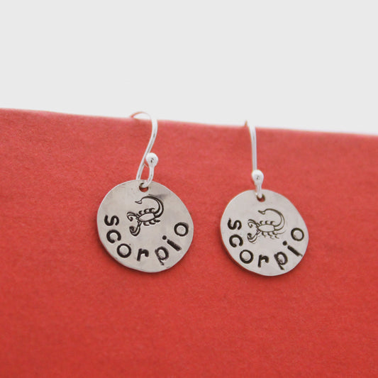 Scorpio Sterling Silver Earrings, Scorpio Zodiac Sign Jewelry, Hand Stamped Personalized Earrings, Scorpio Zodiac Jewelry Unique Gift Her