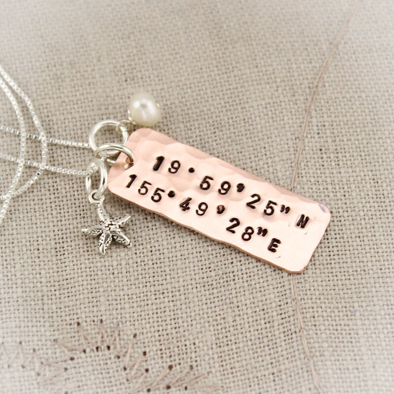 CHART your Special Place Latitude and Longitude  Personalized Copper, Silver, or Brass Coordinates Necklace Hand Stamped Jewelry