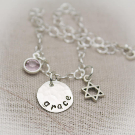 Personalized Bat Mitzvah Bracelet, Star of David Charm Bracelet with Birthstone, Bat Mitzvah Jewelry, Sterling Silver Hand Stamped Jewelry