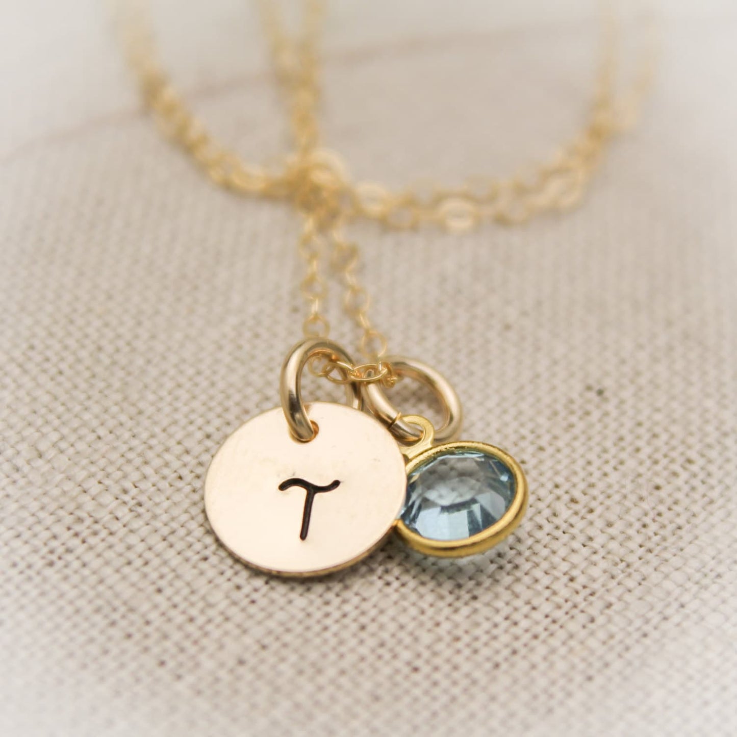 14K Gold Filled Initial Monogram Necklace with Birthstone Charm Personalized Hand Stamped Jewelry