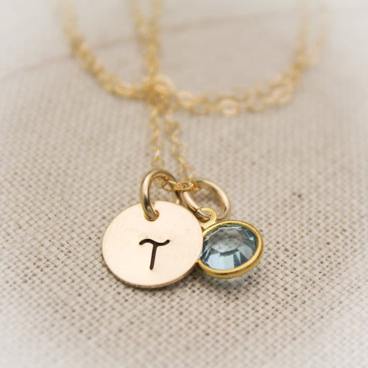 14K Gold Filled Initial Monogram Necklace with Birthstone Charm Personalized Hand Stamped Jewelry