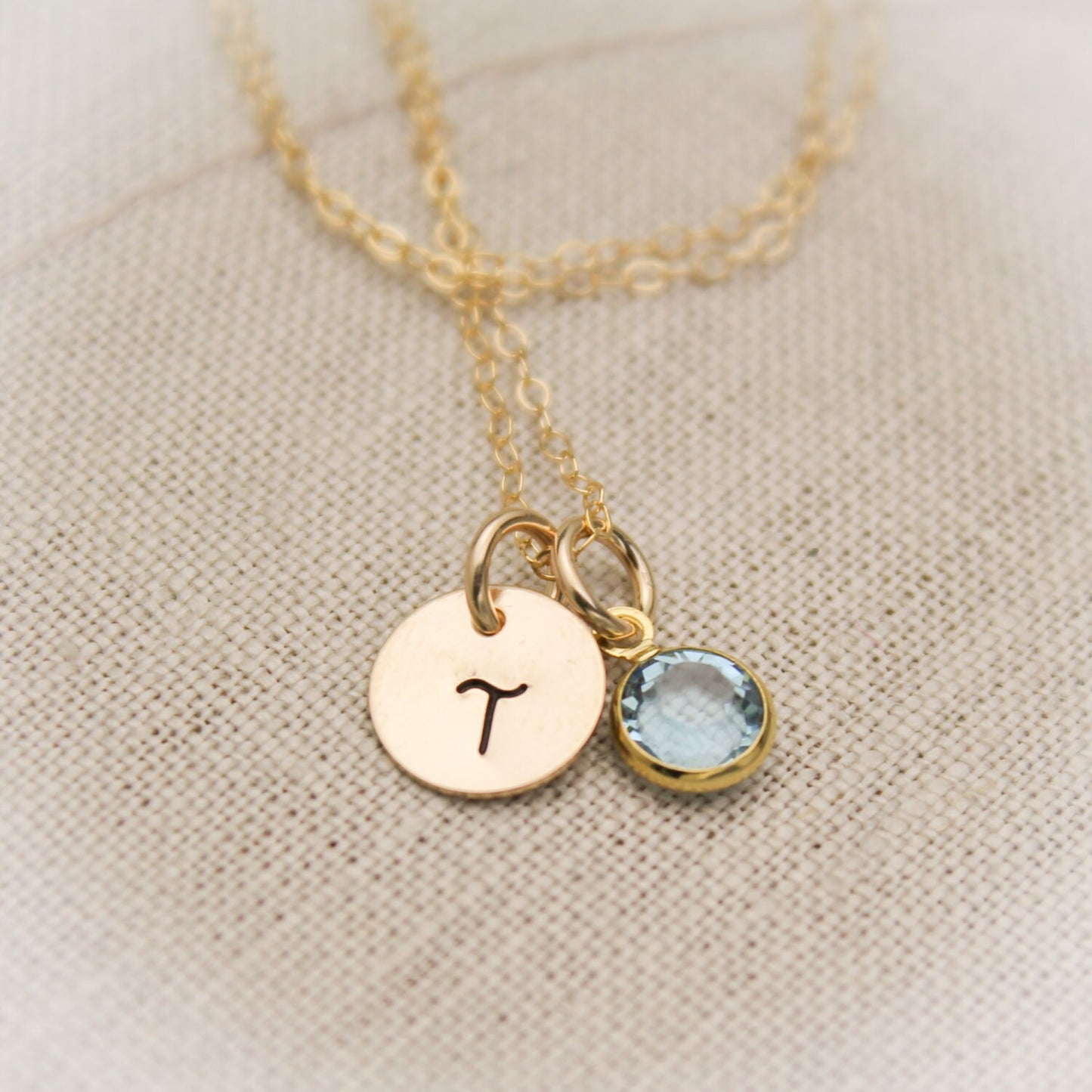 14K Gold Filled Initial Monogram Necklace with Birthstone Charm Personalized Hand Stamped Jewelry
