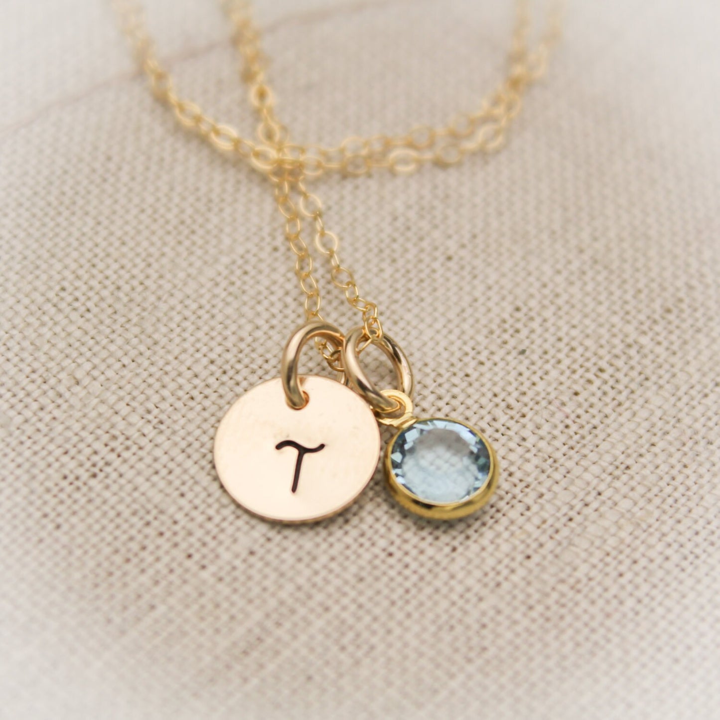 14K Gold Filled Initial Monogram Necklace with Birthstone Charm Personalized Hand Stamped Jewelry