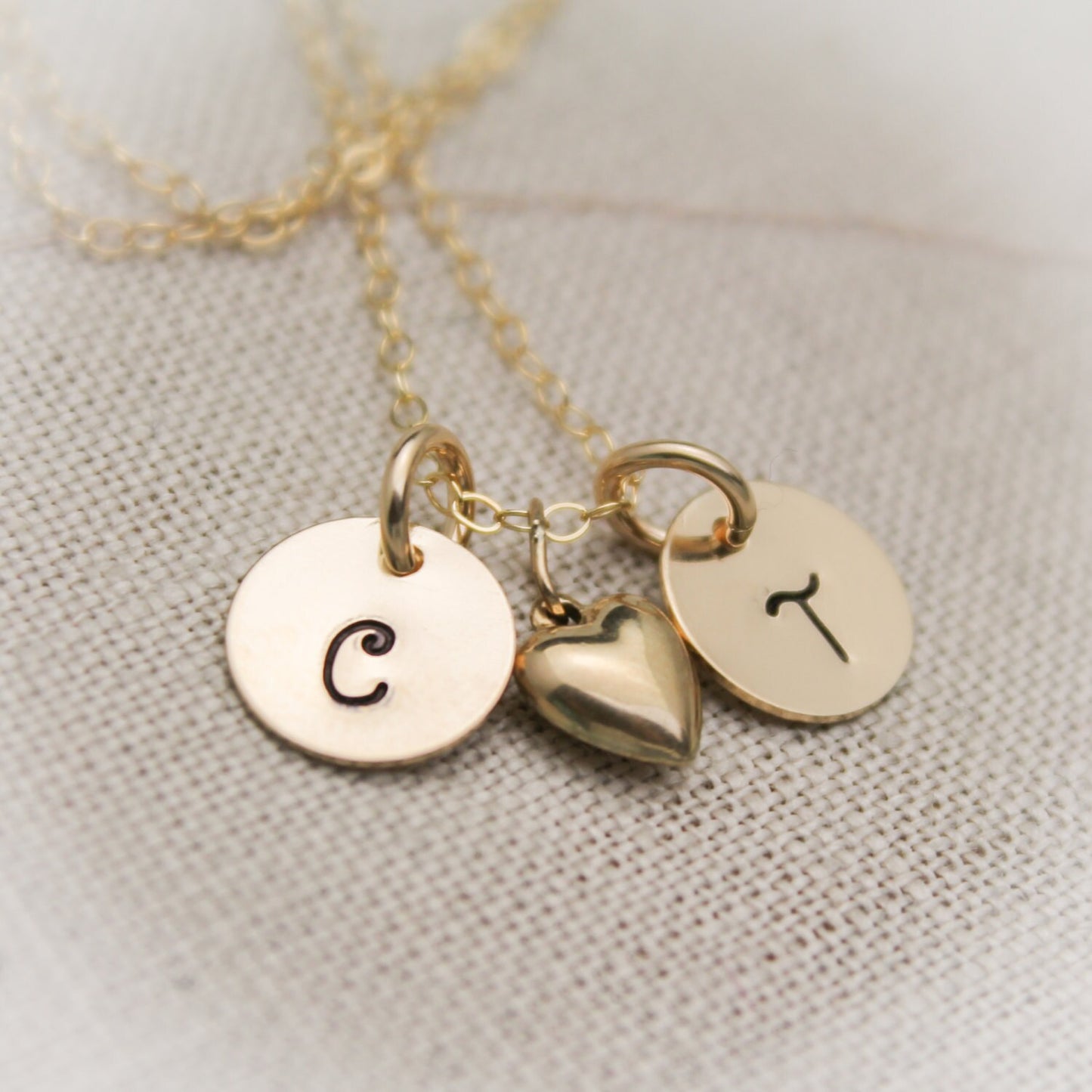 14K Gold Filled Couples Two Initial Monogram Necklace with Heart Charm Personalized Hand Stamped Jewelry