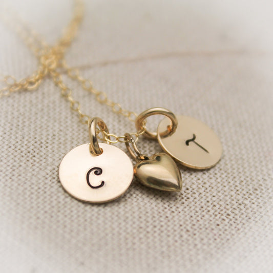 14K Gold Filled Couples Two Initial Monogram Necklace with Heart Charm Personalized Hand Stamped Jewelry