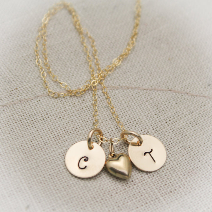 14K Gold Filled Couples Two Initial Monogram Necklace with Heart Charm Personalized Hand Stamped Jewelry