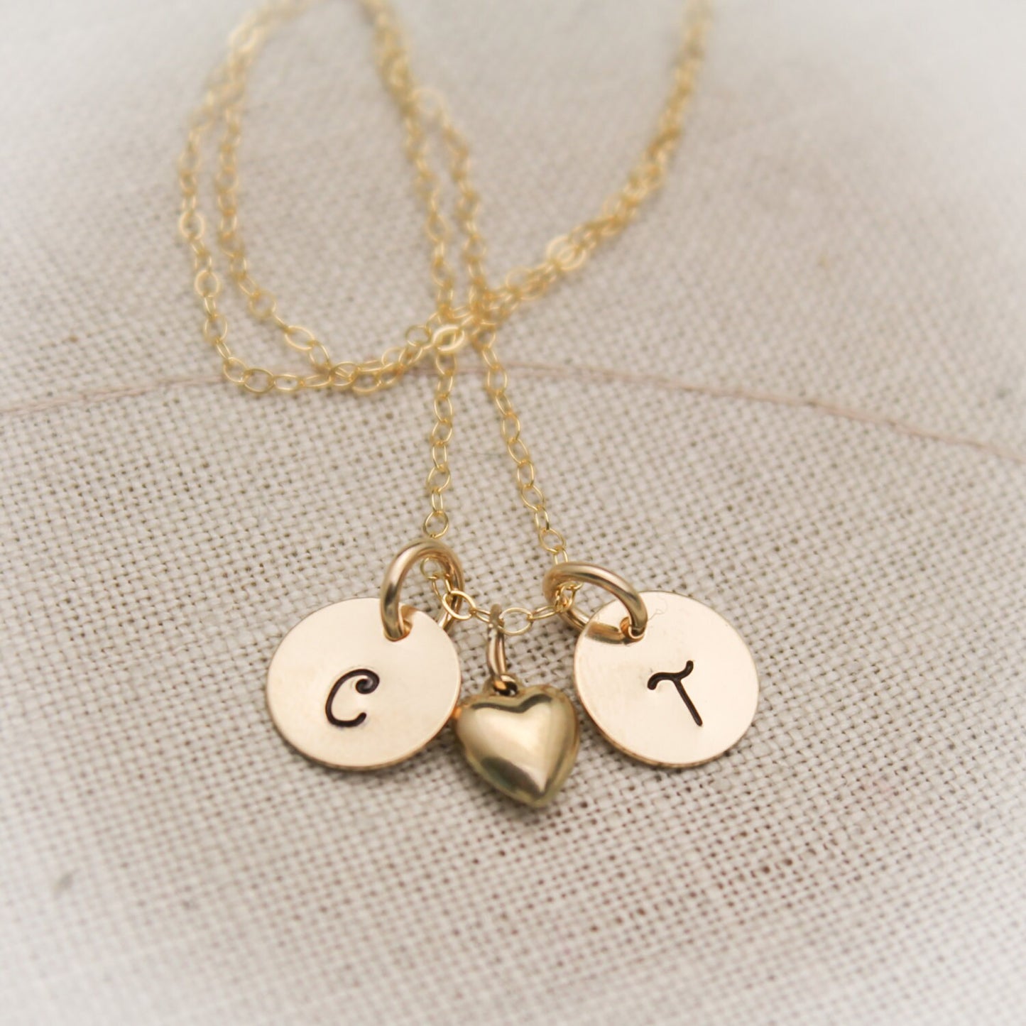 14K Gold Filled Couples Two Initial Monogram Necklace with Heart Charm Personalized Hand Stamped Jewelry