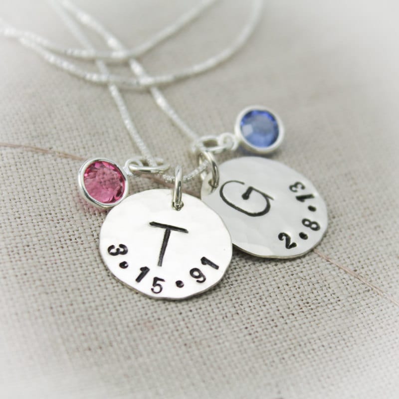 Mother or Grandmother Charm Necklace with Birthstones with Initial and Birthdate Personalized Hand Stamped Jewelry