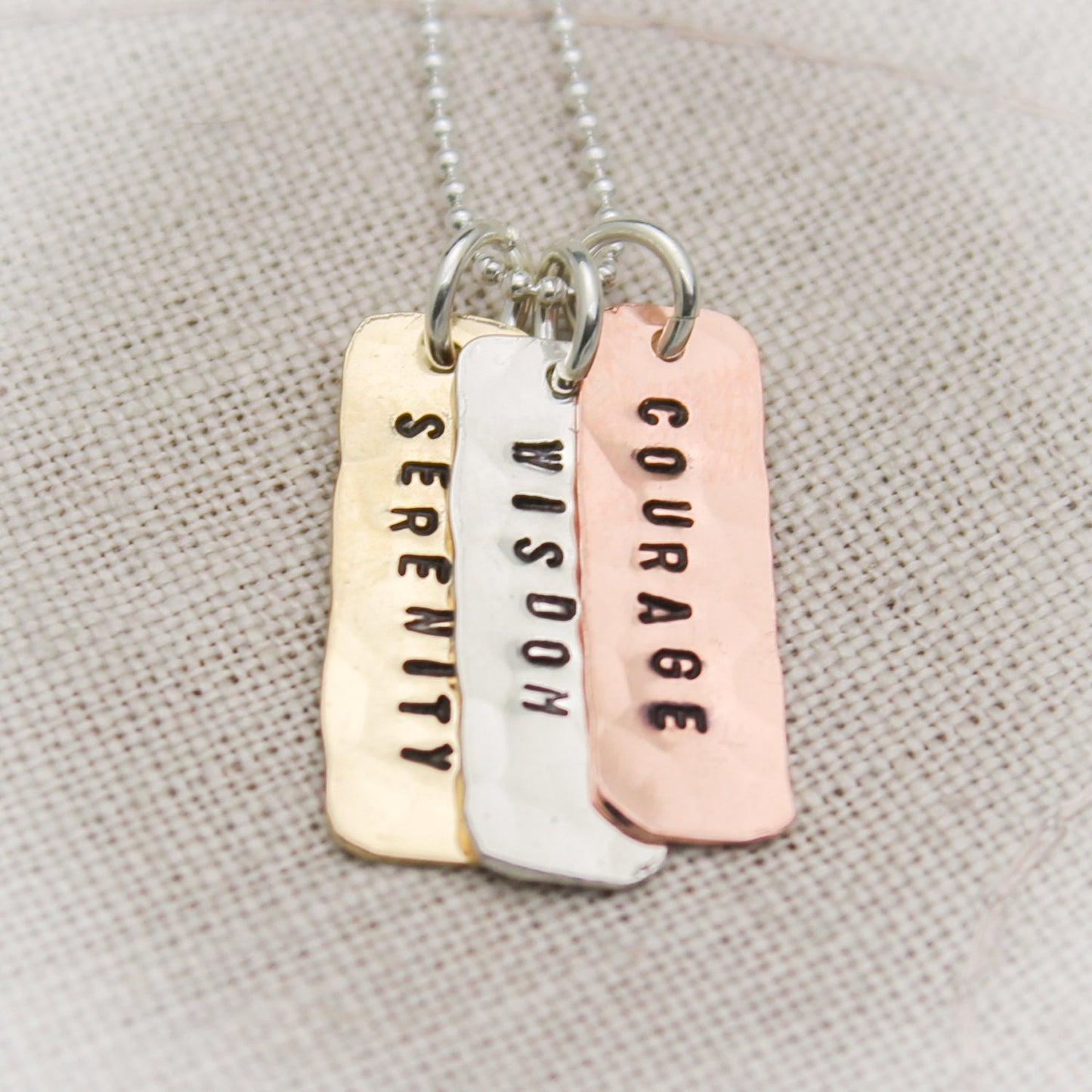 Serenity Prayer Necklace Mixed Metals Tiny Copper Brass Silver Tags Hand Stamped Jewelry