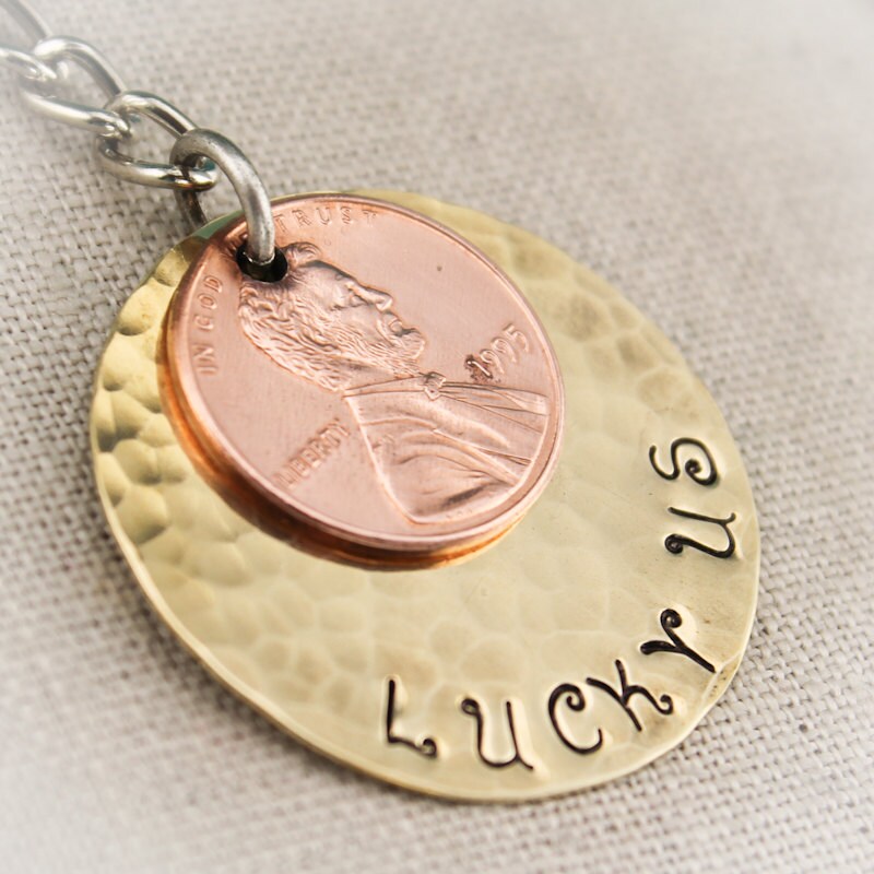 Lucky US Keychain Brass, Copper and Penny Hand Stamped Personalized