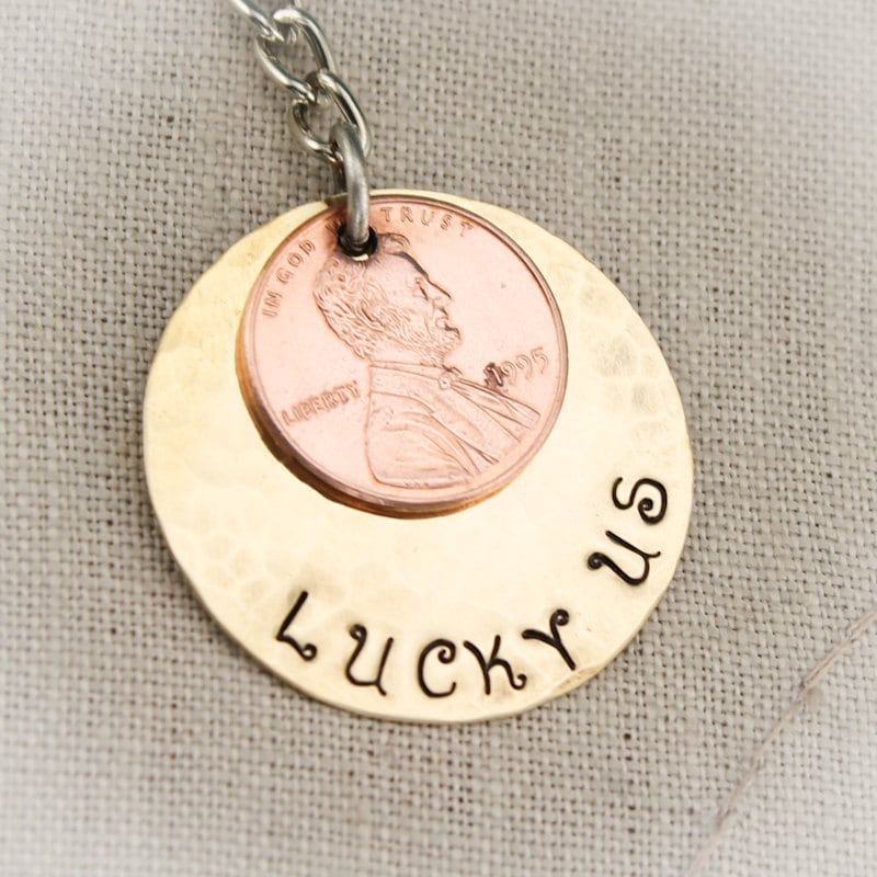 Lucky US Keychain Brass, Copper and Penny Hand Stamped Personalized