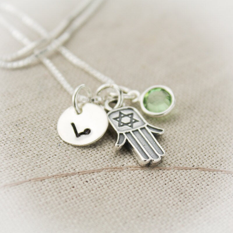 Hamsa Hand Charm Necklace for Bat Mitzvah Personalized Sterling Silver Star of David Hand Stamped Jewelry