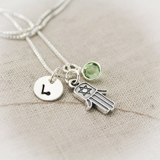 Hamsa Hand Charm Necklace for Bat Mitzvah Personalized Sterling Silver Star of David Hand Stamped Jewelry