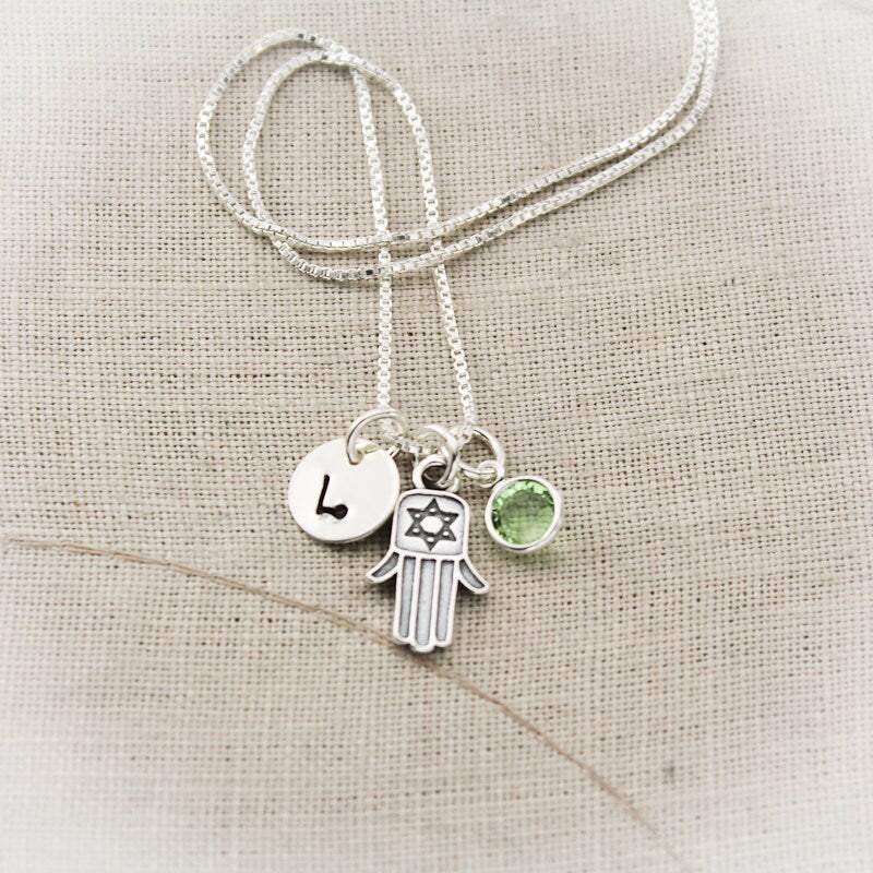 Hamsa Hand Charm Necklace for Bat Mitzvah Personalized Sterling Silver Star of David Hand Stamped Jewelry
