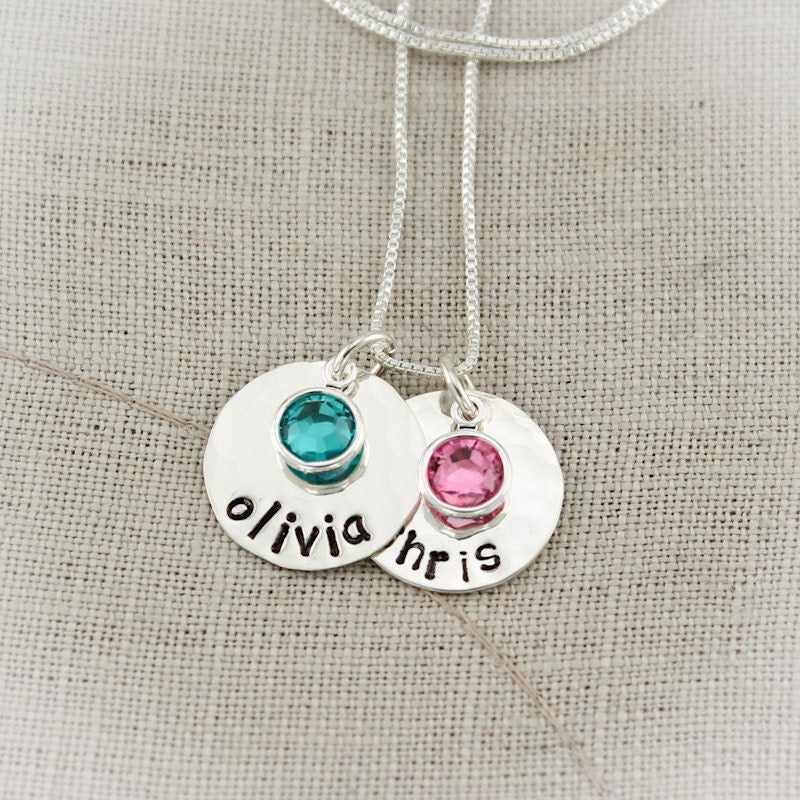 Personalized Name Birthstone Necklace Mother or Grandmother Hand Stamped Jewelry Little Jewels Necklace