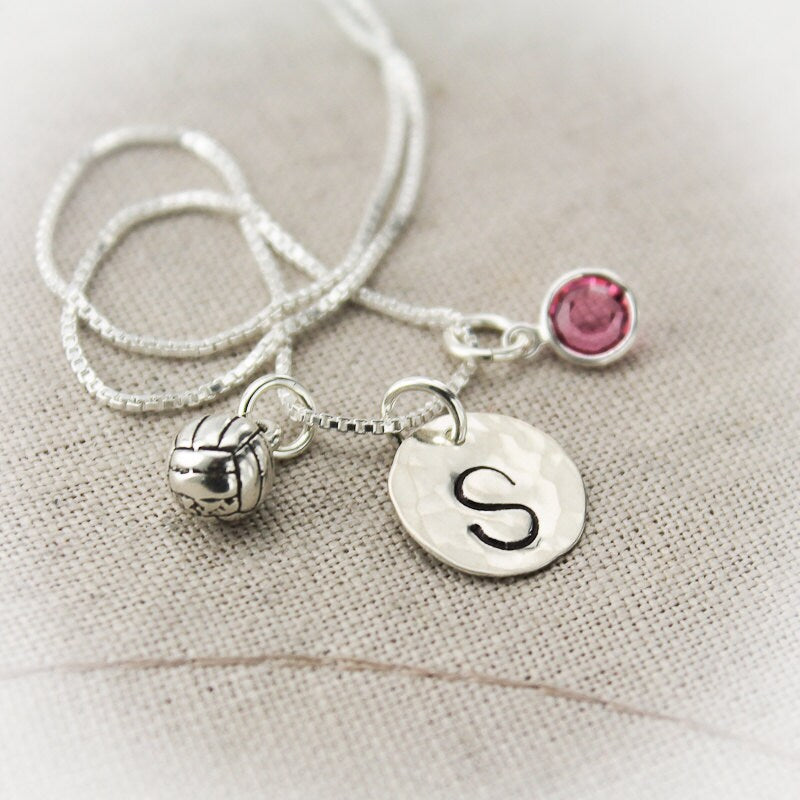 Volleyball Charm Necklace Sterling Silver with Birthstone and Initial Personalized Hand Stamped Necklace