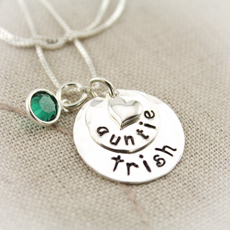 AUNT Layered NECKLACE Sterling Silver with Birthstones Personalized Auntie Gift Hand Stamped Jewelry