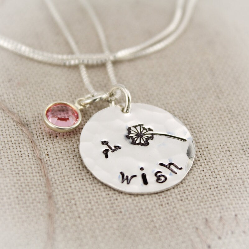 Make a WISH Necklace with Birthstone and Dandelion Sterling Silver Personalized Hand Stamped Jewelry