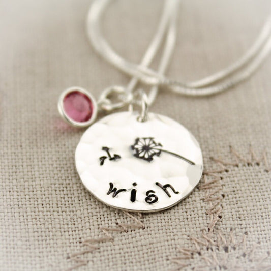 Make a WISH Necklace with Birthstone and Dandelion Sterling Silver Personalized Hand Stamped Jewelry