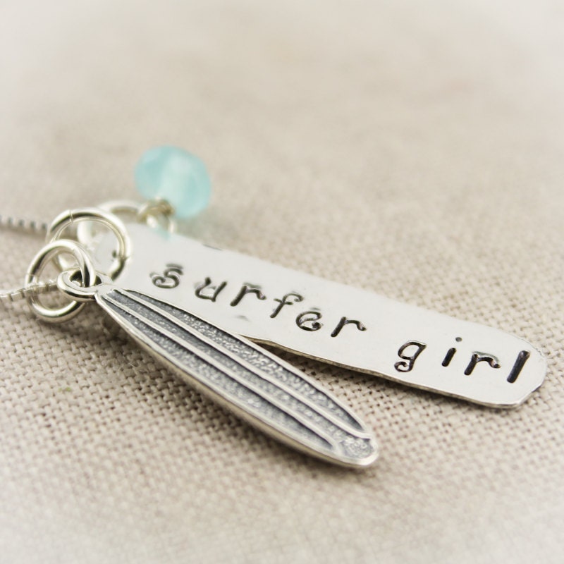 Surfer Girl Necklace, Silver Surfboard Necklace, Gifts for Surfers, Surfboard Charm Jewelry, Surfing Necklace, Hand Stamped Necklace