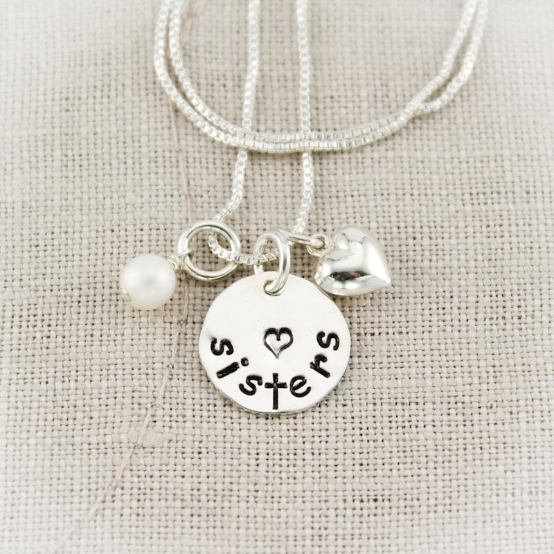 Sisters Charm Necklace Sterling Silver Personalized with Heart Charm and Pearl Hand Stamped Jewelry